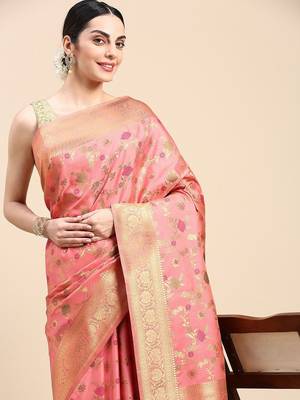 pink floral zari banarasi saree 1