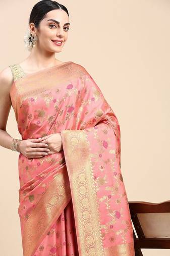 pink floral zari banarasi saree