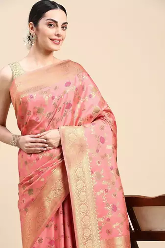 pink floral zari banarasi saree