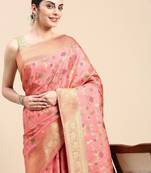 pink floral zari banarasi saree