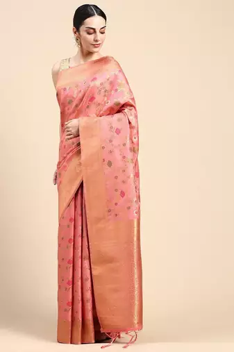 pink floral zari banarasi saree