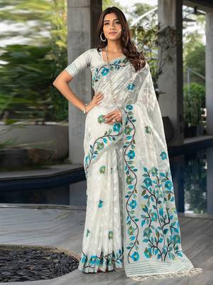 white white & blue woven design pure cotton jamdani saree 1