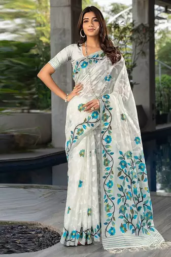 white white & blue woven design pure cotton jamdani saree