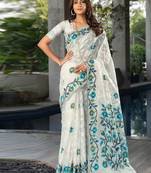 white white & blue woven design pure cotton jamdani saree