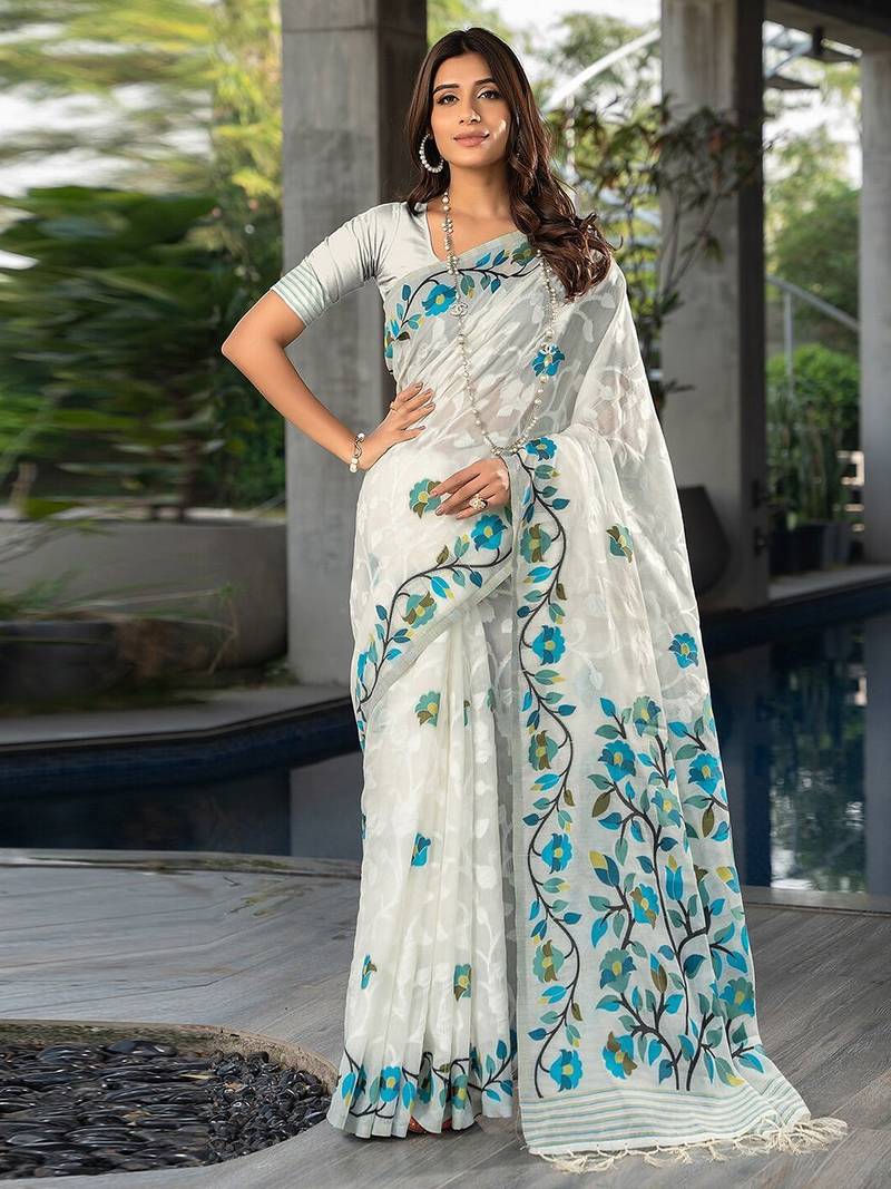 white white & blue woven design pure cotton jamdani saree