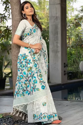 white white & blue woven design pure cotton jamdani saree