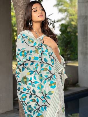 white white & blue woven design pure cotton jamdani saree 3
