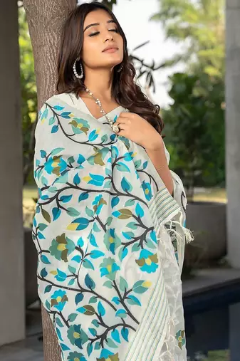 white white & blue woven design pure cotton jamdani saree