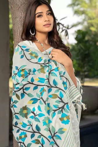 white white & blue woven design pure cotton jamdani saree