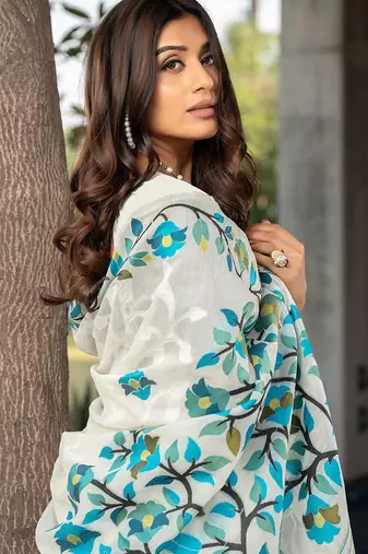 white white & blue woven design pure cotton jamdani saree