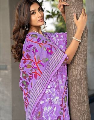 lavender woven design pure cotton jamdani saree 3