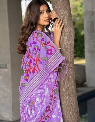 lavender woven design pure cotton jamdani saree 4