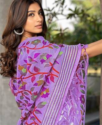 lavender woven design pure cotton jamdani saree 5