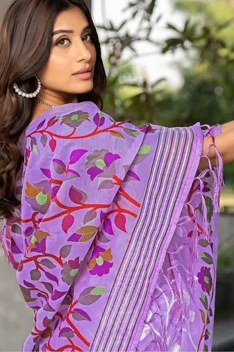 lavender woven design pure cotton jamdani saree