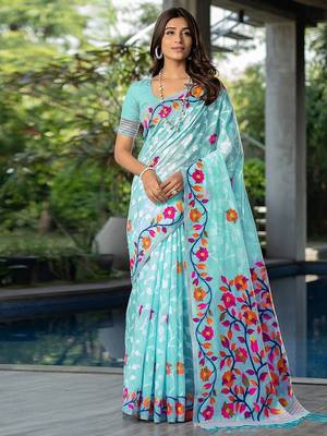 blue blue & red floral woven design pure cotton jamdani saree 1