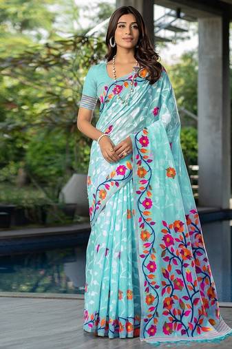 blue blue & red floral woven design pure cotton jamdani saree