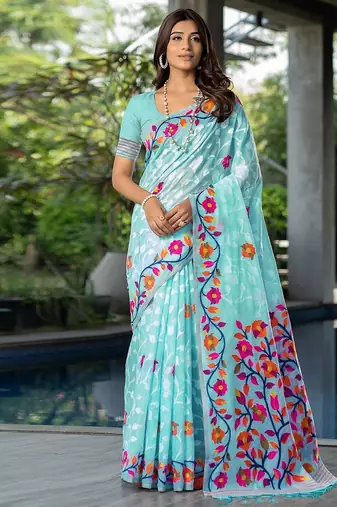 blue blue & red floral woven design pure cotton jamdani saree