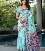 blue blue & red floral woven design pure cotton jamdani saree
