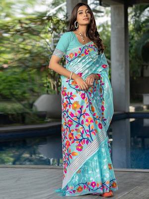 blue blue & red floral woven design pure cotton jamdani saree 2