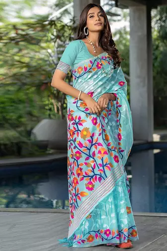 blue blue & red floral woven design pure cotton jamdani saree