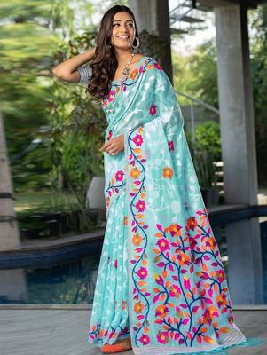 blue blue & red floral woven design pure cotton jamdani saree 3