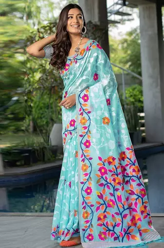 blue blue & red floral woven design pure cotton jamdani saree