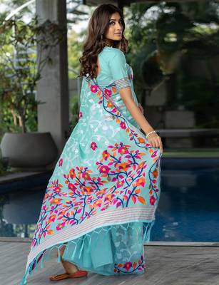 blue blue & red floral woven design pure cotton jamdani saree 4