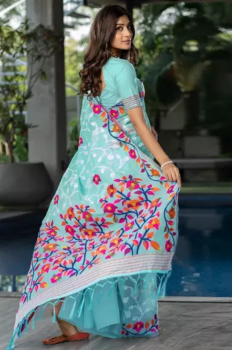 blue blue & red floral woven design pure cotton jamdani saree