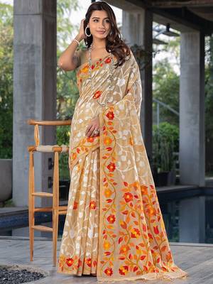 beige beige & orange floral woven design zari pure cotton jamdani saree 1