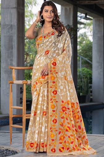 beige beige & orange floral woven design zari pure cotton jamdani saree