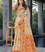 beige beige & orange floral woven design zari pure cotton jamdani saree