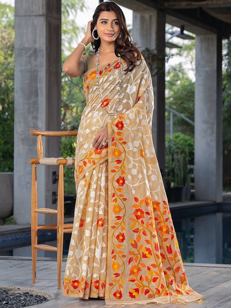 beige beige & orange floral woven design zari pure cotton jamdani saree