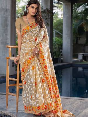 beige beige & orange floral woven design zari pure cotton jamdani saree 2