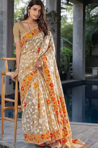 beige beige & orange floral woven design zari pure cotton jamdani saree