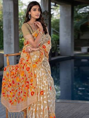 beige beige & orange floral woven design zari pure cotton jamdani saree 3