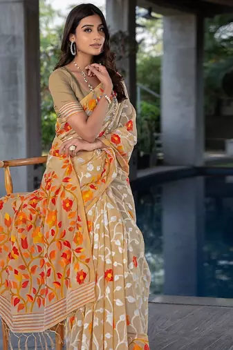 beige beige & orange floral woven design zari pure cotton jamdani saree