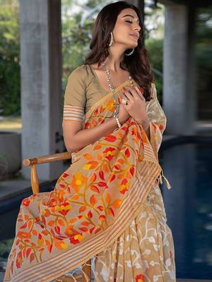 beige beige & orange floral woven design zari pure cotton jamdani saree 4