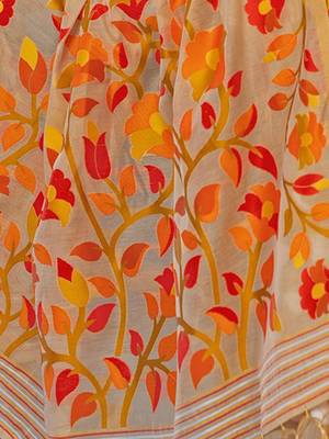 beige beige & orange floral woven design zari pure cotton jamdani saree 5