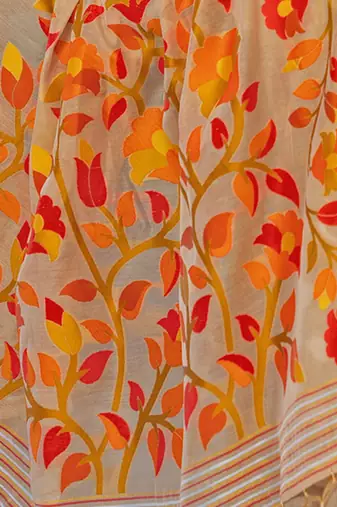 beige beige & orange floral woven design zari pure cotton jamdani saree