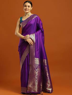 purple ethnic motifs woven design banarasi silk saree with blouse 1