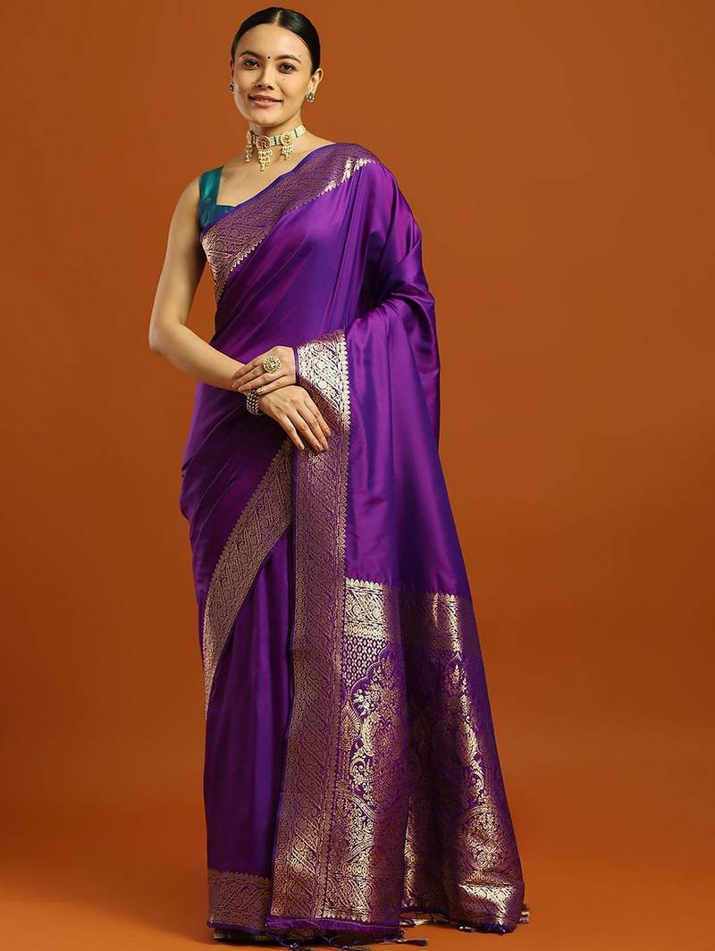 purple ethnic motifs woven design banarasi silk saree with blouse