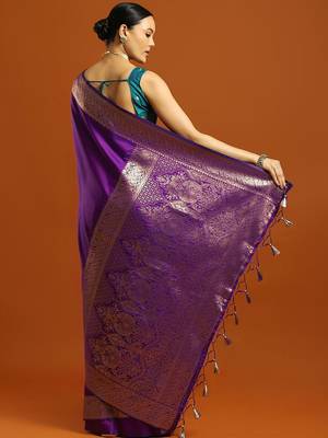 purple ethnic motifs woven design banarasi silk saree with blouse 2
