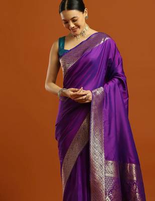 purple ethnic motifs woven design banarasi silk saree with blouse 4