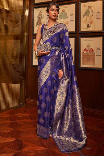 navy_blue women navy blue & gold woven design zari silk blend banarasi saree with matching blouse