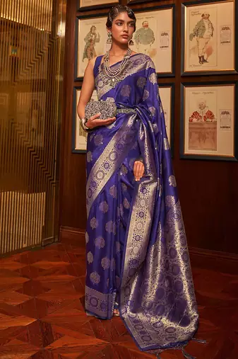 navy_blue women navy blue & gold woven design zari silk blend banarasi saree with matching blouse