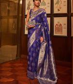 navy_blue women navy blue & gold woven design zari silk blend banarasi saree with matching blouse