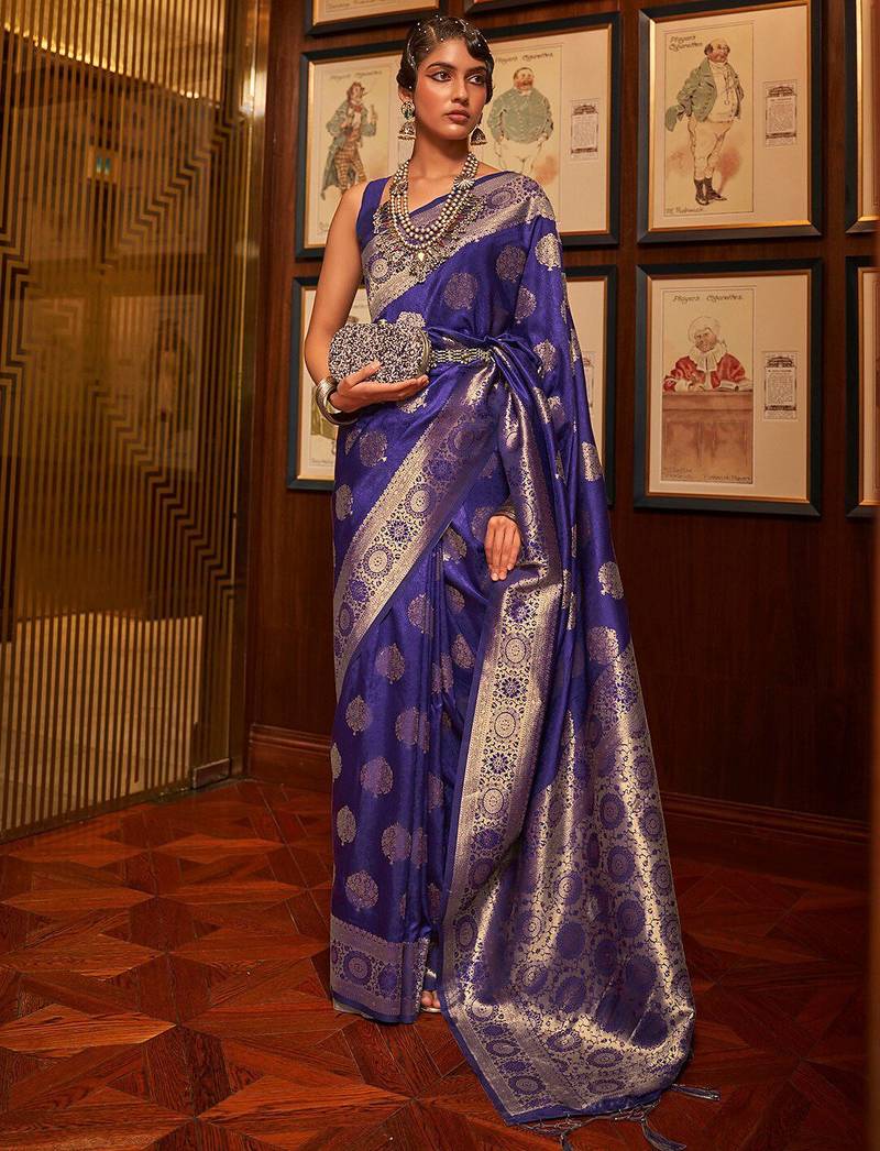 navy_blue women navy blue & gold woven design zari silk blend banarasi saree with matching blouse