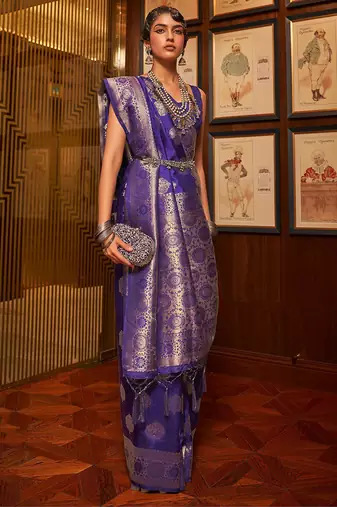navy_blue women navy blue & gold woven design zari silk blend banarasi saree with matching blouse