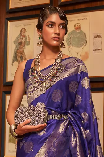 navy_blue women navy blue & gold woven design zari silk blend banarasi saree with matching blouse