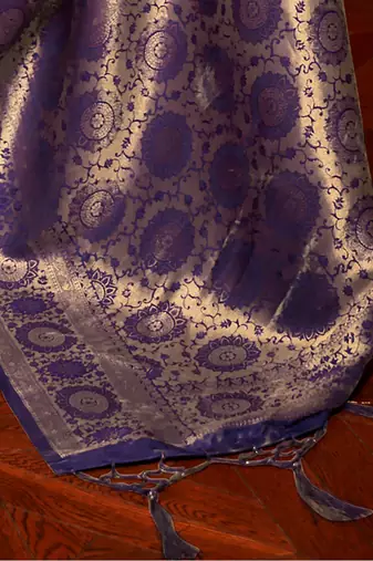 navy_blue women navy blue & gold woven design zari silk blend banarasi saree with matching blouse